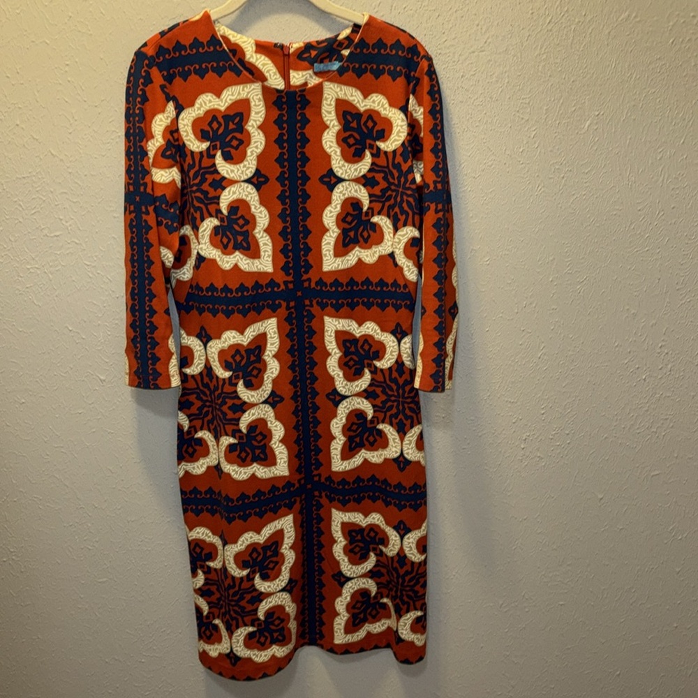 J. McLAUGHLIN Devon Dress 3/4 Sleeves Red (Orange) Navy Women’s Sz Small - Picture 2 of 9